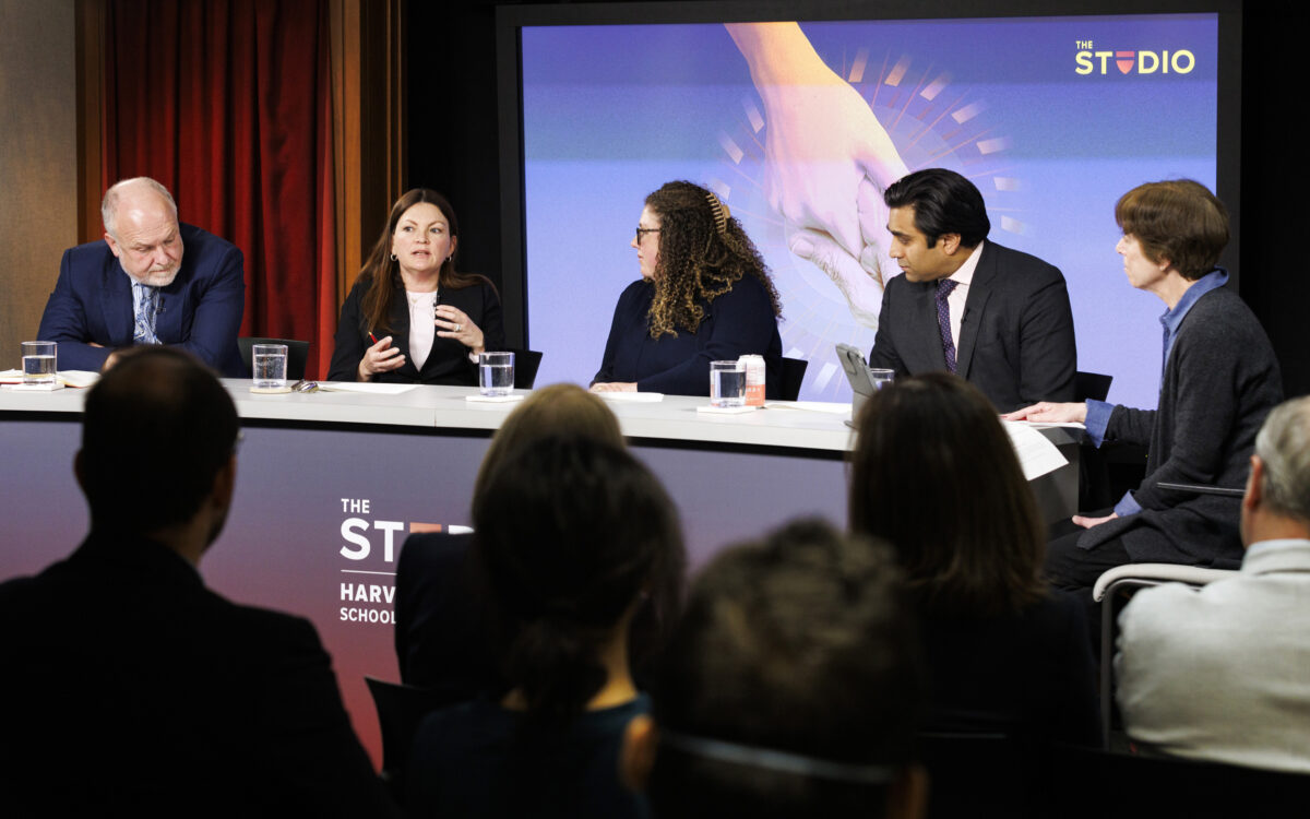 Andrew Scott (from left), Marisol Amaya, Caitlin Coyle, and Ashwin Vasan discuss the topic with moderator Kay Lazar in The Studio.